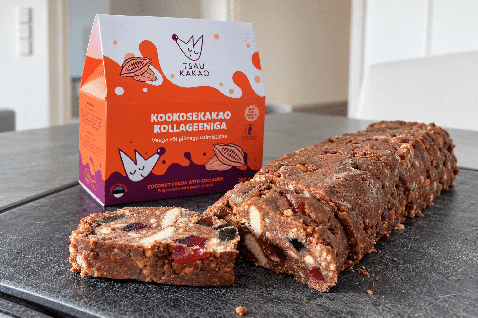 Kirju koera viilud küpsiste ja marmelaadiga ning Tsau Kakao kookosekakao kollageeniga pakend.